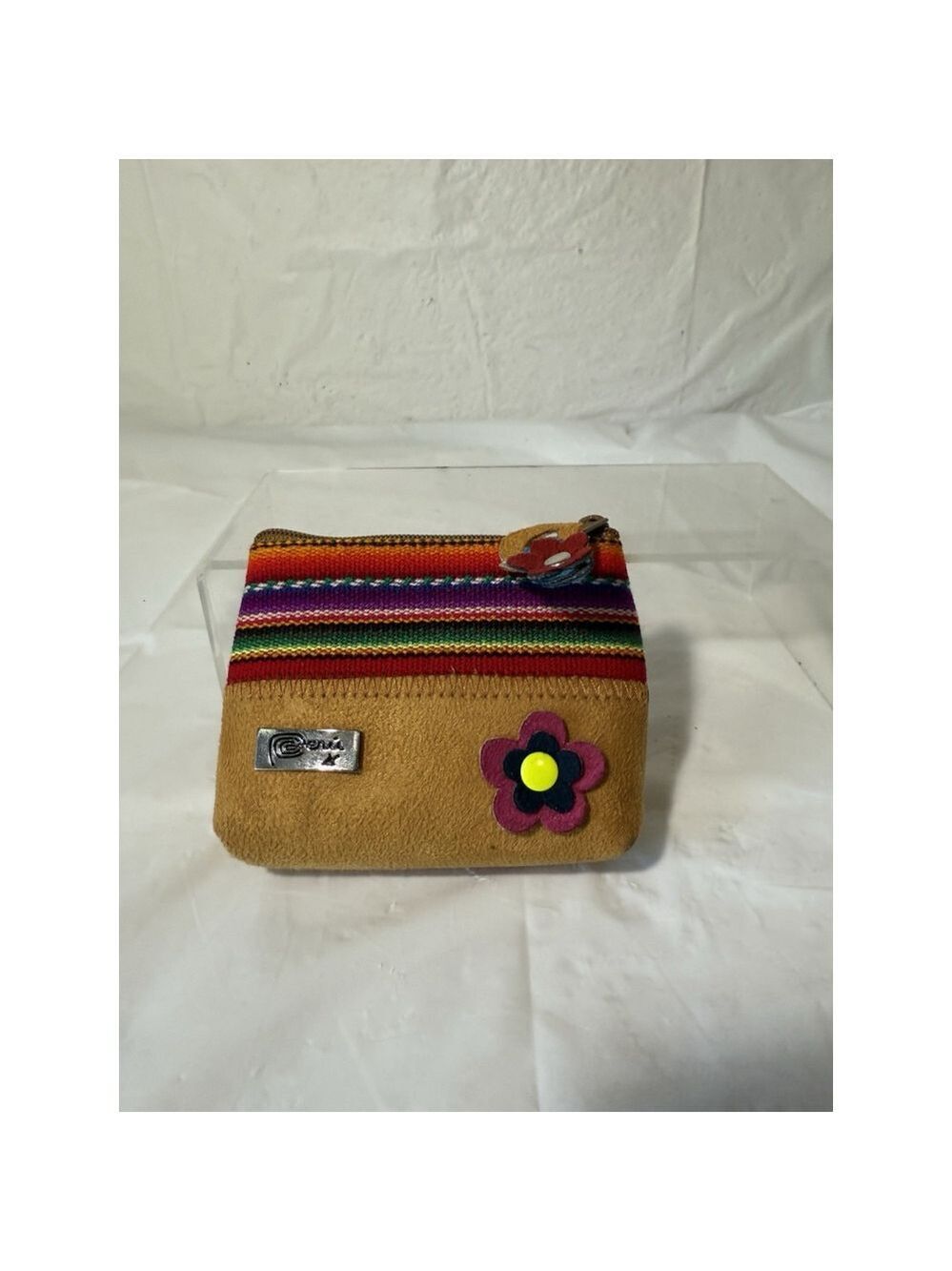Peruvian Coin Purse Pink Suede & Woven Fabric Handmade Boho Pouch